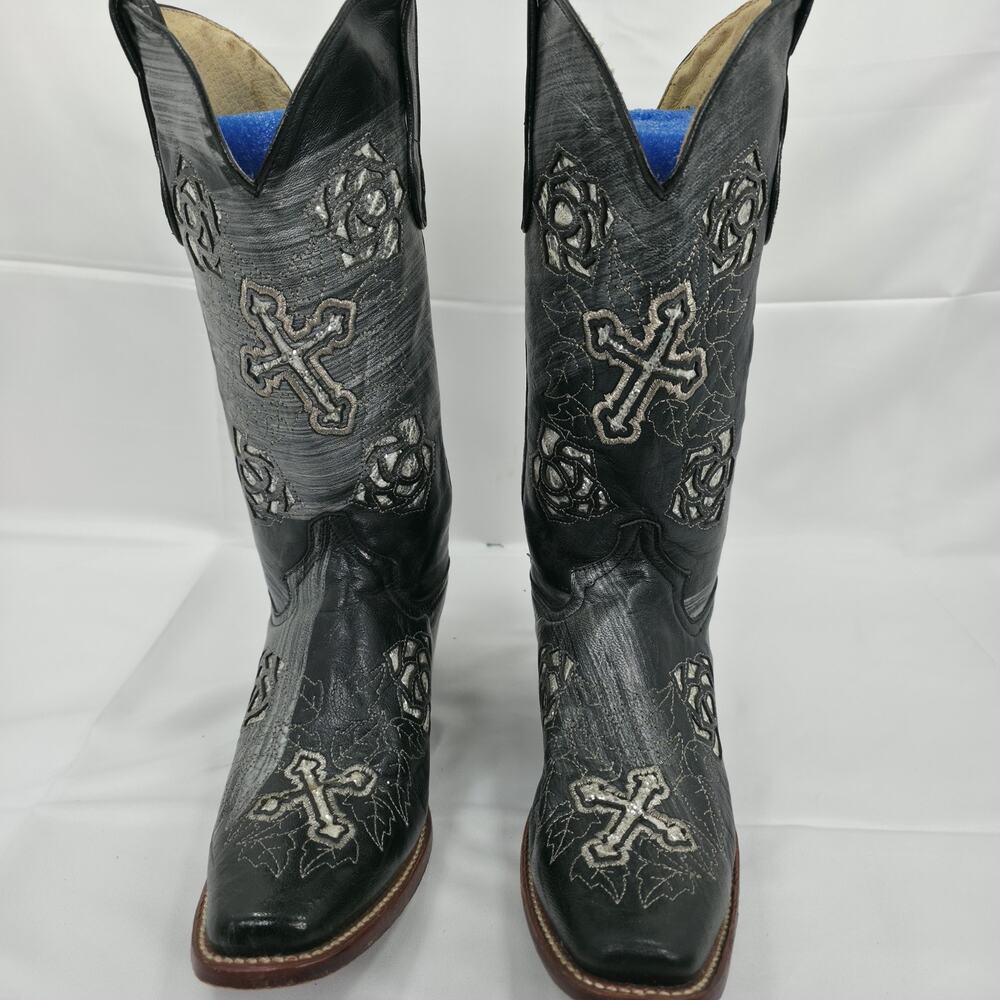 Ferrini Womens Cowboy Boots Size 9 B Black Leather Cross Rose Gothic Western - Picture 2 of 14